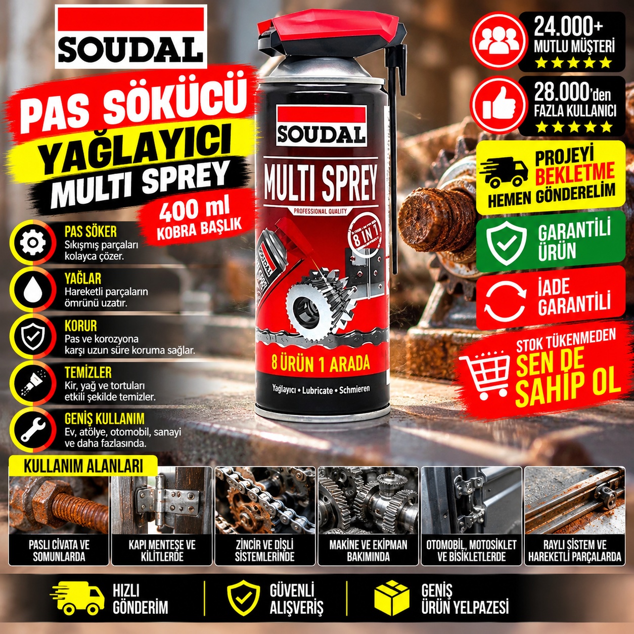 Soudal Pas Sökücü Yağlayıcı Multi Sprey 400 ml Kobra Başlık