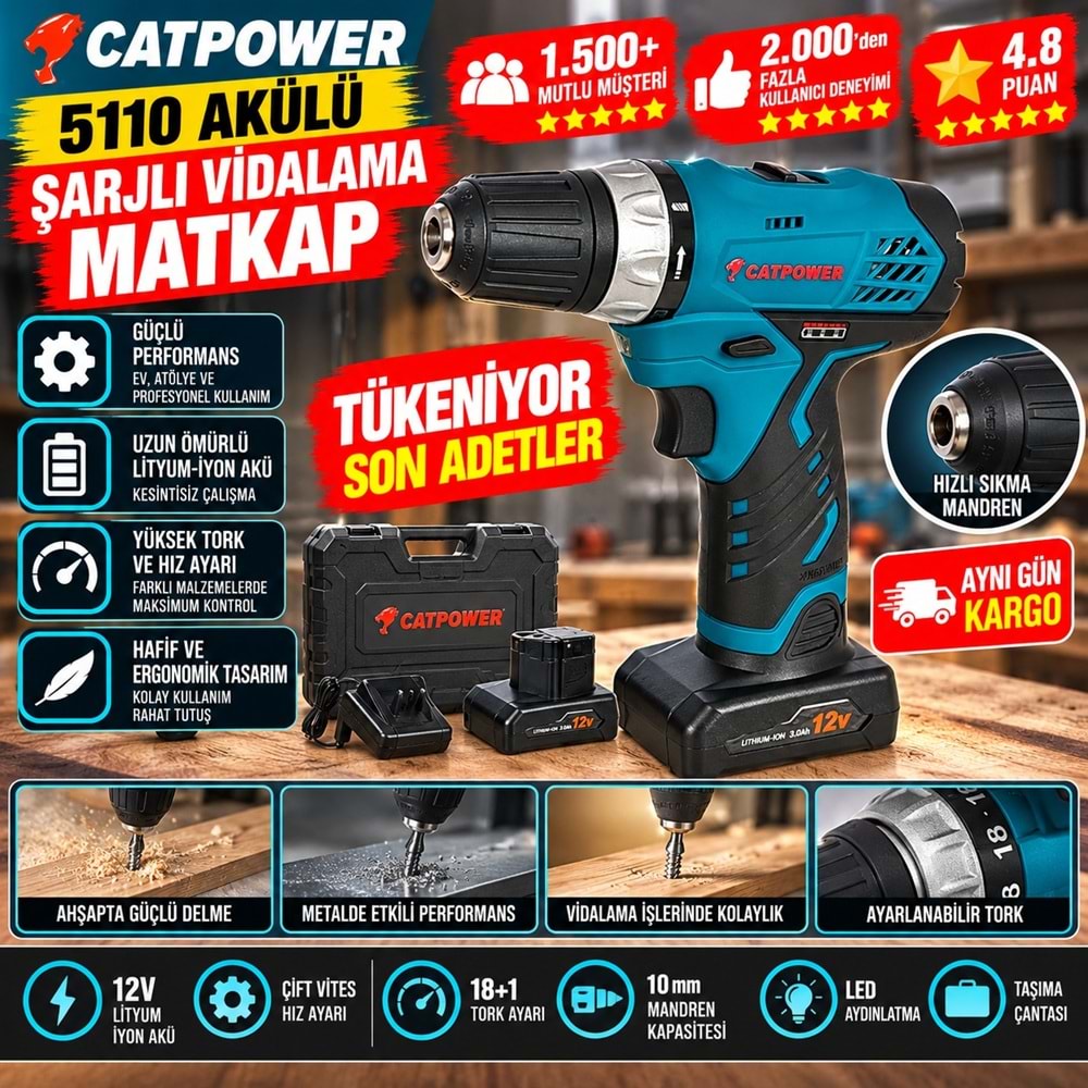 Catpower 5110 Akülü Şarjlı Vidalama Matkap 12V 3.0Ah