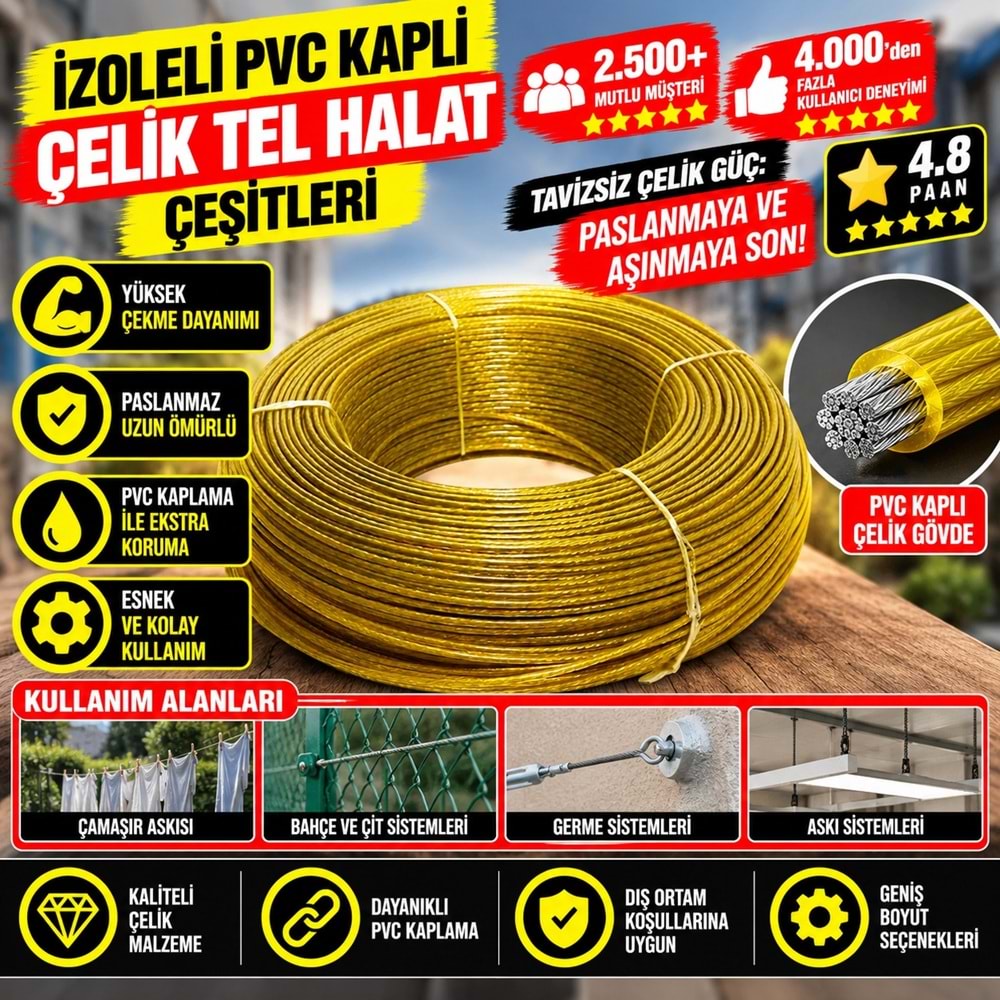 İzoleli Pvc Kaplı Çelik Tel Halat 6mm - 200mt