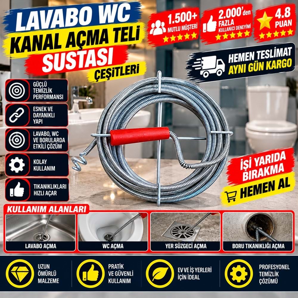 Lavabo Wc Kanal Açma Teli Sustası 9mm 15mt