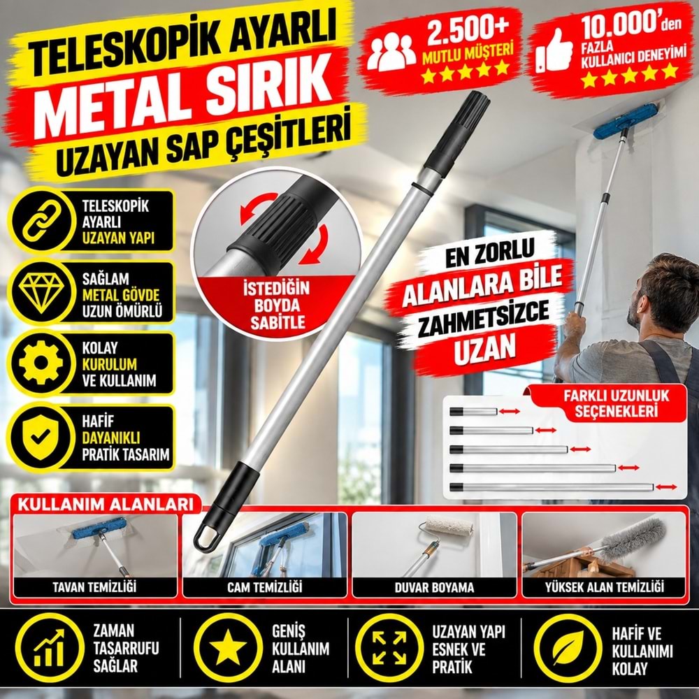 Teleskopik Ayarlı Metal Sırık Uzayan Sap 2mt