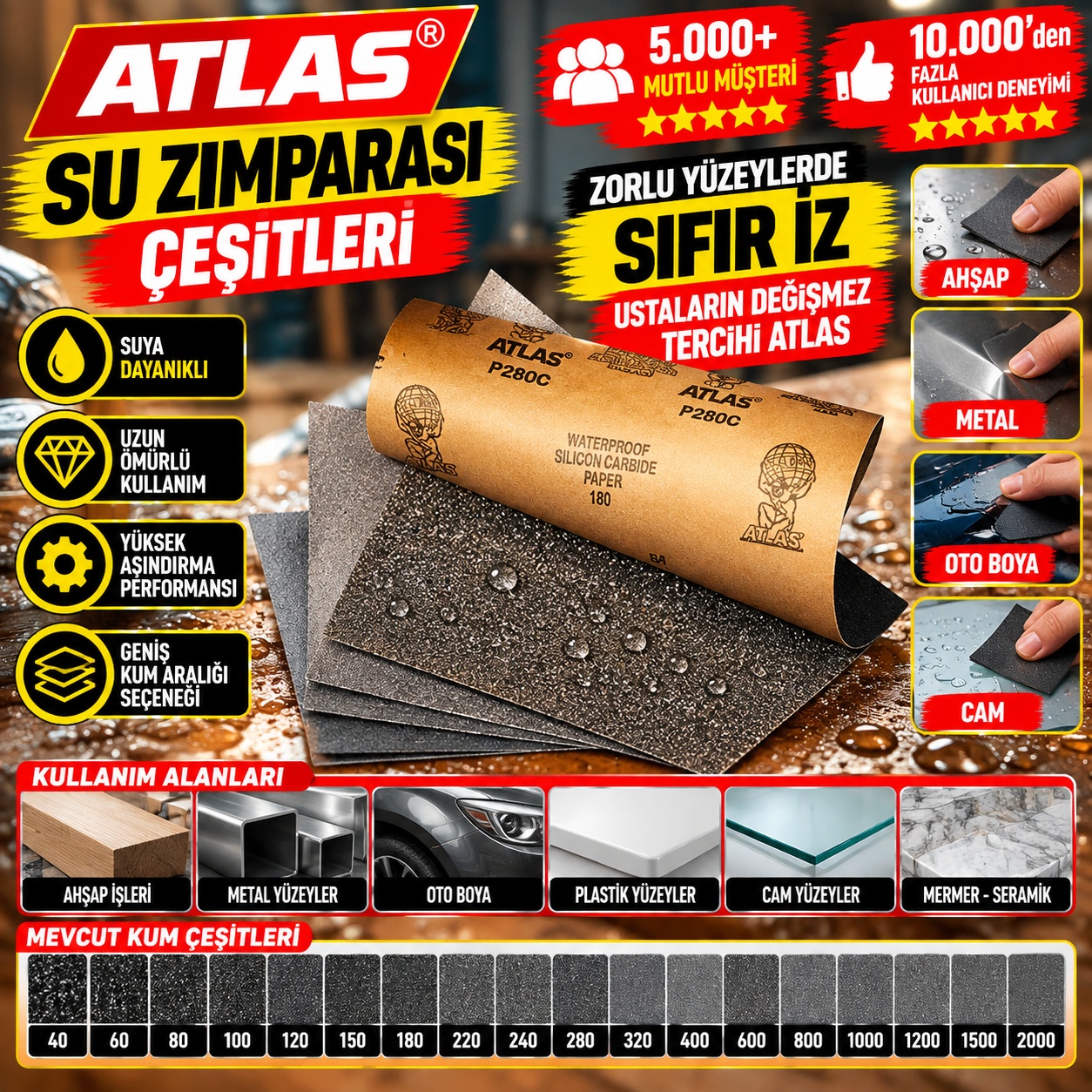 紙もの色々セット！　No.908 Atlas Su Zımparası 188 Kalite - 180 Kum - Su Zımparası - NalburTEK