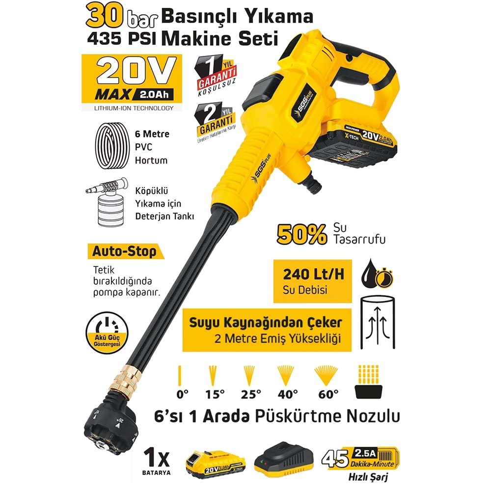 SGS Akülü Şarjlı Basınçlı Oto Yıkama Makine Seti 20V 2.0 AH