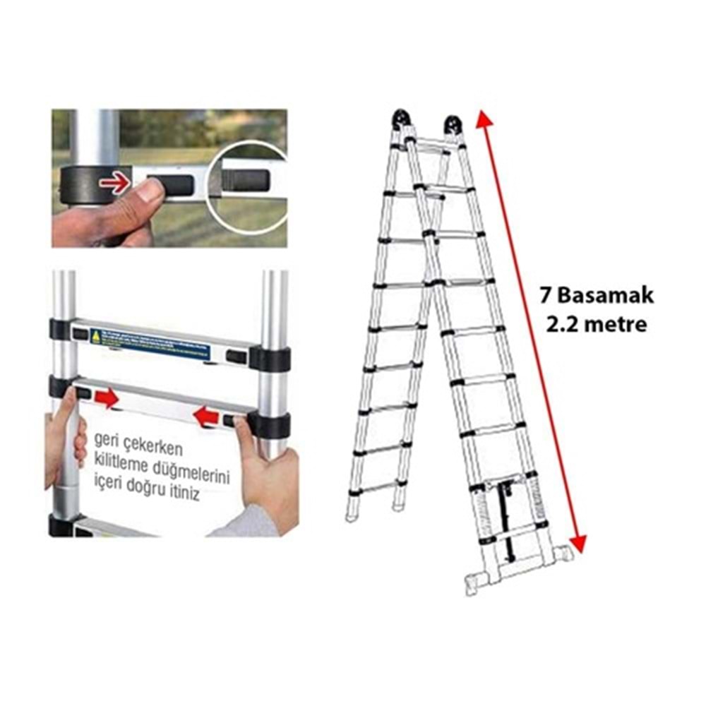 Tyson 7+7 Basamak Alüminyum A Tipi Teleskopik Uzayan Merdiven 440cm